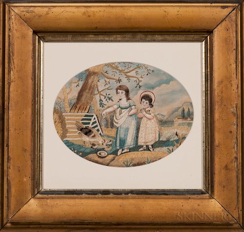Needlework and Watercolor Picture of Two Girls Feeding Chickens