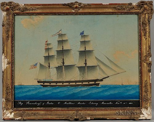 Honore Pellegrin (France, England, United States, 1793-1869), Ship Harrisburg of Boston O. Matthews Master, Entering Marseilles Novbr 1