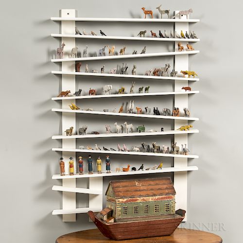 Polychrome Painted Noah's Ark with Animals and Display Shelf