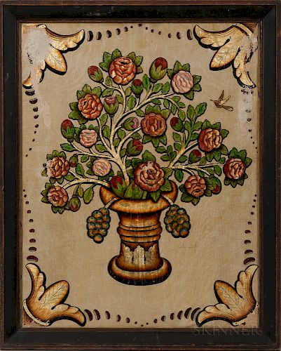 Colored Gold Leaf on Painted Linen Vase of Flowers with Hummingbird