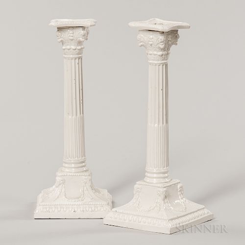 Pair of Columnar Creamware Candlesticks