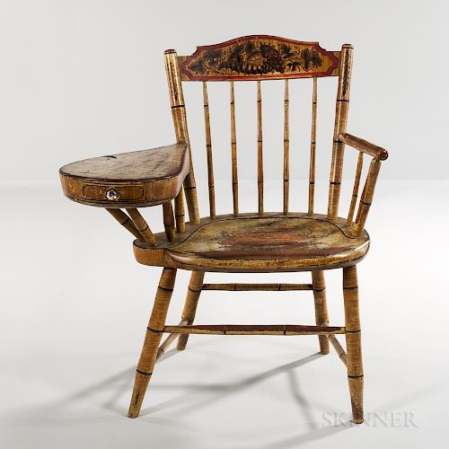 Faux Tiger Maple Grain-painted and Paint-decorated Writing-arm Windsor Chair