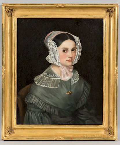 American School, Mid-19th Century  Portrait of Young Woman in Lace Cap