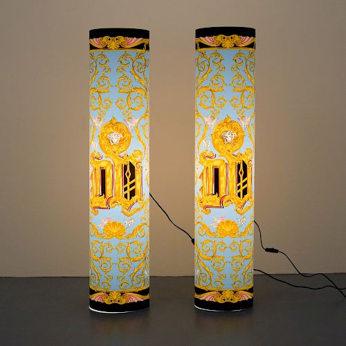 Pair of Versace Print Floor Lamps, Manner of Fornasetti
