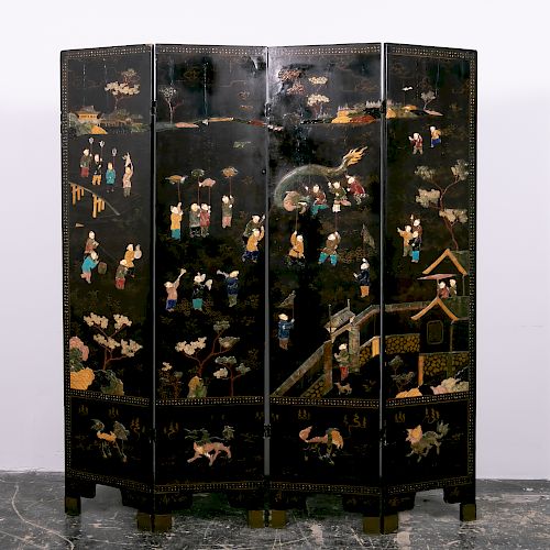 Chinese Four Panel Lacquer Floor Screen
