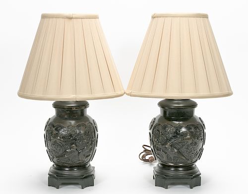Pair, 20th C. Japanese Bronze Table Lamps