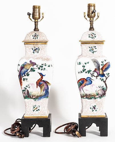 Pair, Chelsea Bird Motif Porcelain Table Lamps