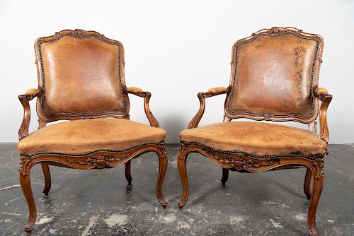 Pr. Louis XV Style Leather Upholstered Fauteuils