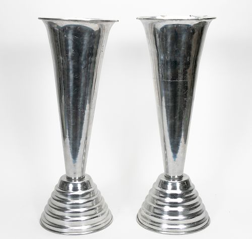 Pair, Large Art Deco Style Aluminum Trumpet Vases