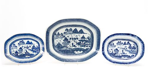 Three Chinese Canton Blue & White Platters