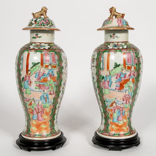 Pair, Chinese Lidded Rose Mandarin Vases