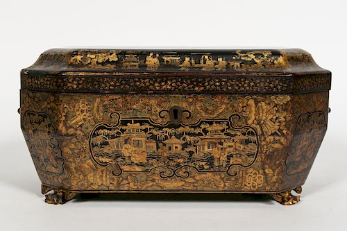 Chinese Export Black Lacquered Sewing Box, 19th C.