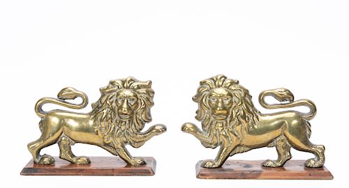 Pair, English Cast Brass Lions on Bases, 19th Cent