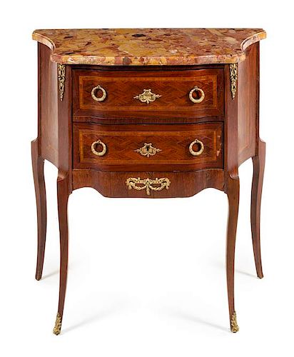 * A Louis XV/XVI Transitional Style Gilt Metal Mounted Commode Height 30 1/4 x width 27 x depth 15 inches.