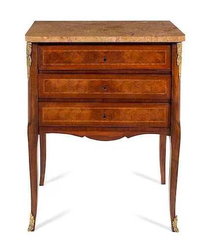 * A Transitional Style Gilt Metal Mounted Parquetry Commode Height 30 1/2 x width 23 1/4 x depth 13 3/4 inches.