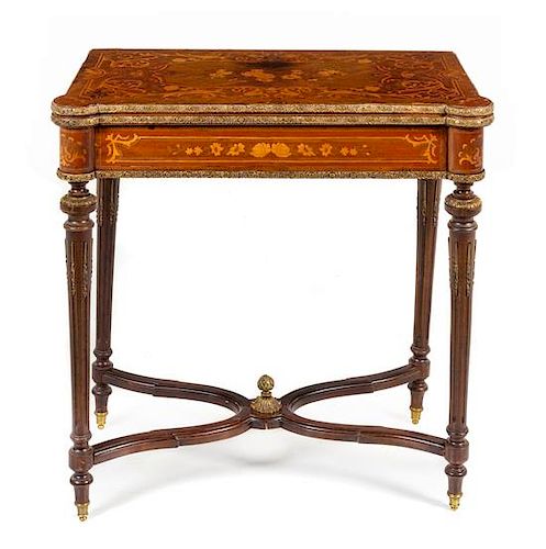 * A Louis XVI Style Marquetry Flip-Top Table Height 30 1/4 x width 29 x depth 16 1/2 inches.