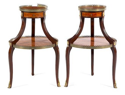 A Pair of Louis XVI Style Gilt Metal Mounted Parquetry Side Tables Height 28 x diameter of lower tier 17 5/8 inches.
