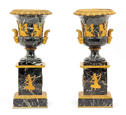 A Pair of Empire Style Gilt Metal Mounted Urns Height 14 inches.