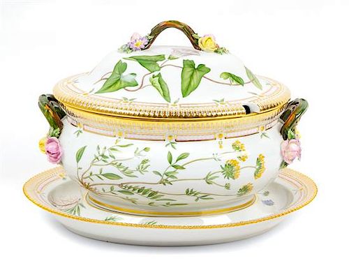 A Royal Copenhagen Flora Danica Porcelain Tureen and Underplate Width of underplate 16 inches; width of tureen 14 1/2 inches.