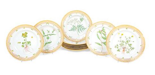 * A Set of Eighteen Royal Copenhagen Flora Danica Porcelain Dinner Plates Diameter 10 1/4 inches.