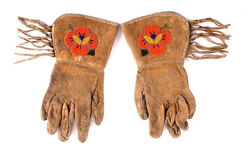 Montana Crow Floral Beaded Gauntlet Gloves c. 1930
