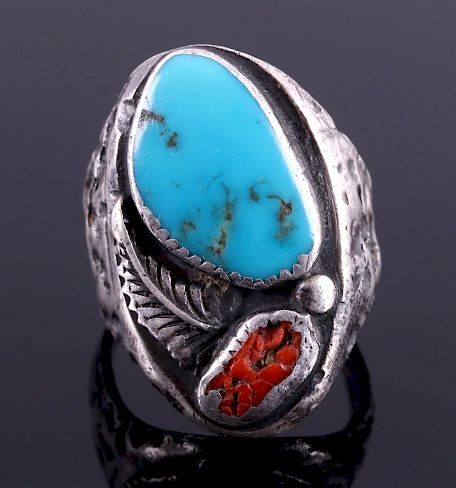 Navajo Sterling Silver Turquoise Coral Ring