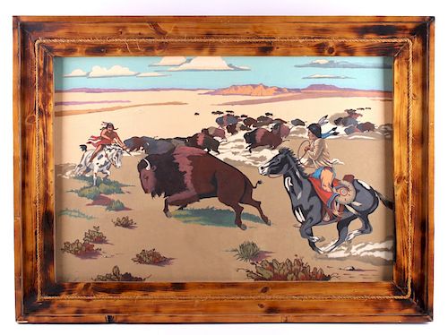 Rustic Framed Original Buffalo Hunt Painting