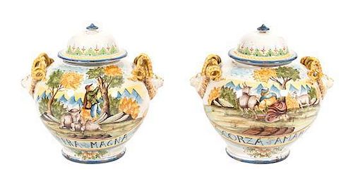 A Pair of Continental Ceramic Covered Urns Height 19 inches.