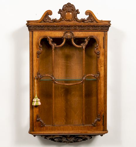 American Late 19th C. Carved Oak Wall Cabinet