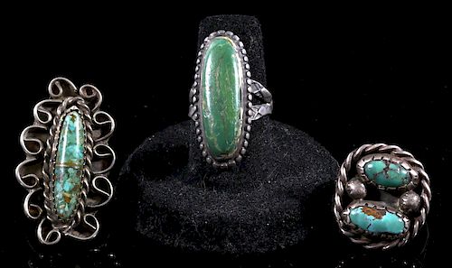 Set of 3 Navajo Turquoise & Silver Old Pawn Rings