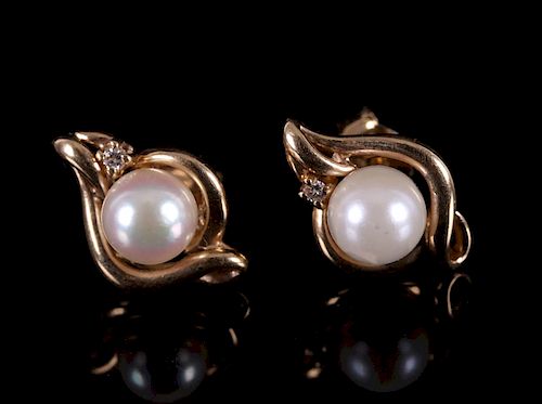 14k Gold, Pearl, and Diamond Earrings