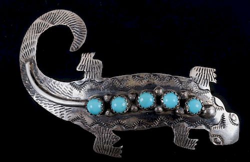 Navajo Sterling Silver & Turquoise Lizard Brooch