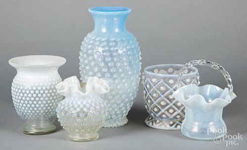 Four opalescent hobnail glass vases, etc.