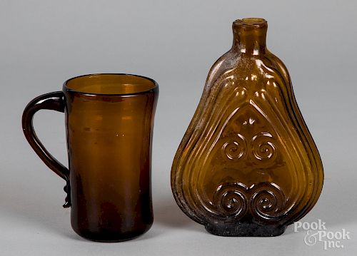 Blown amber glass mug and flask
