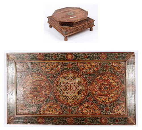 Old Moroccan Paint Decorated Wood Panel & Wood Stand. 