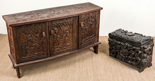 2 Vintage African Carved Wood Cabinet & Chest