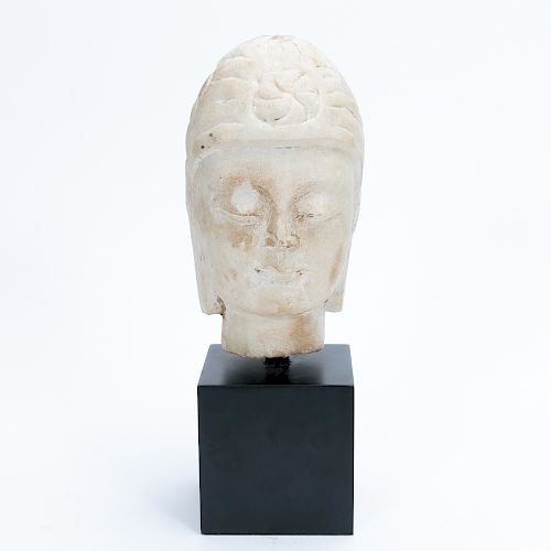 Chinese Carved Marble Buddha Head on Stand