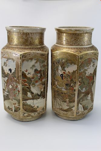 A pair of large Japanese Satsuma hexagon vases.