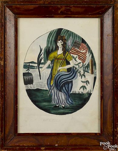 New England watercolor portrait of Liberty, inscribed America, mid 19th c.