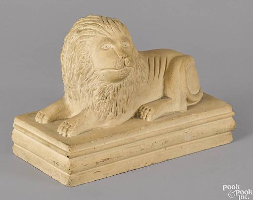 Aggregate figure of a recumbent lion, late 19th c., possibly Tuscarawas Pottery, Ohio, 6 3/4'' h.