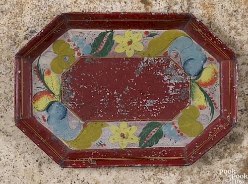 Pennsylvania red tole tray, 19th c., 8 3/4'' l., 6'' w.