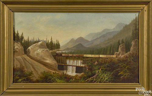 American oil on canvas landscape depicting a steam engine on a trestle bridge