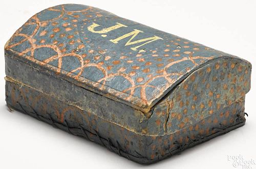 Wallpaper covered dresser box, mid 19th c., initialed J. M., with green spot and swag decoration