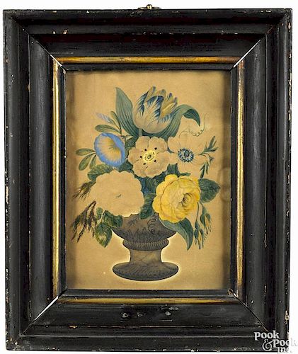 Pair of watercolor on paper still life paintings, 19th c., each with urns and flowers