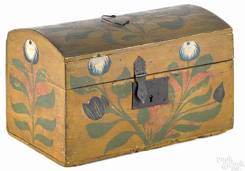 Continental painted beech dome lid box, early 19th c., retaining its original floral decoration