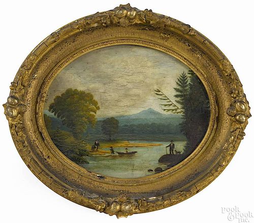 Two similar New England oil on panel primitive river landscapes, 19th c., 8'' x 10''.