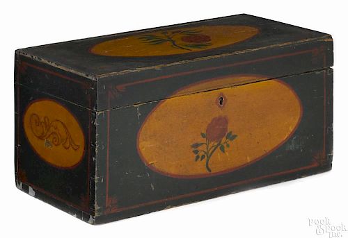 American painted pine lock box, dated 1848, retaining its original green surface