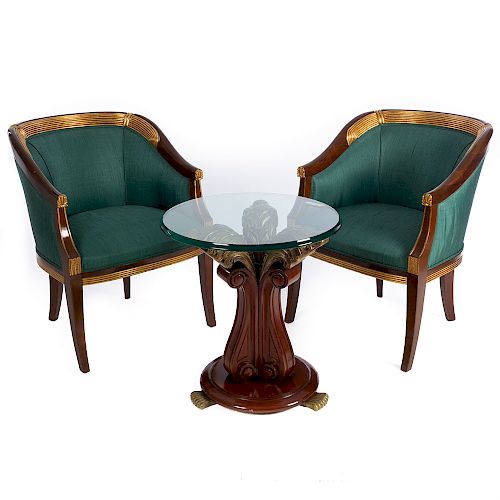 Estancia. SXX. En talla de madera. Decorada con esmalte dorado y elementos orgánicos. Consta de: par de sillones con tapicería verde.