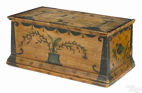 New England painted pine miniature blanket chest, early 19th c., the lid initialed IC