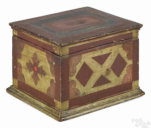 Carved and painted pine box, late 19th c.